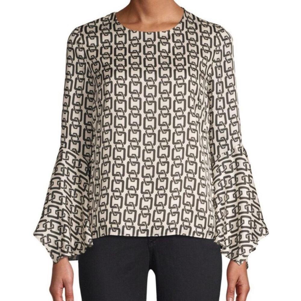 Milly Holly Chain-Print Bell-Sleeve Top Black White Long Sleeve Blouse 4 Small